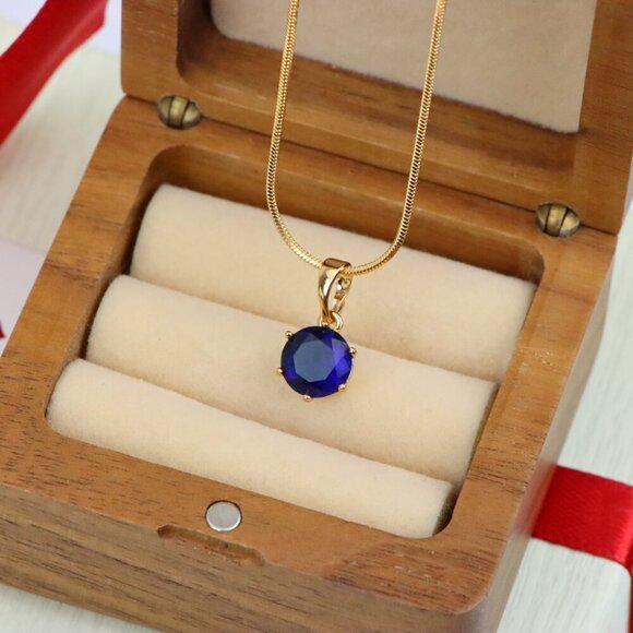 "Royal Blue Round Pendant in Gold Finish for Elegant Everyday Style, XPPT1677 - Picture 5 of 13